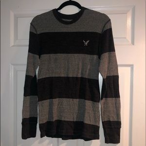AMERICAN EAGLE Grey Striped Long Sleeve Thermal Shirt